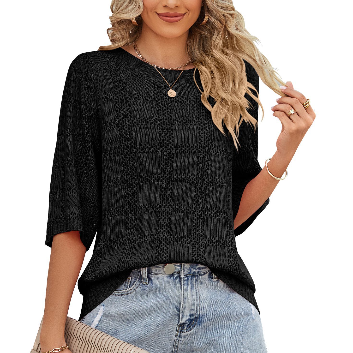 Women's Round Neck Hollow-Out Knit Sun Protection Top