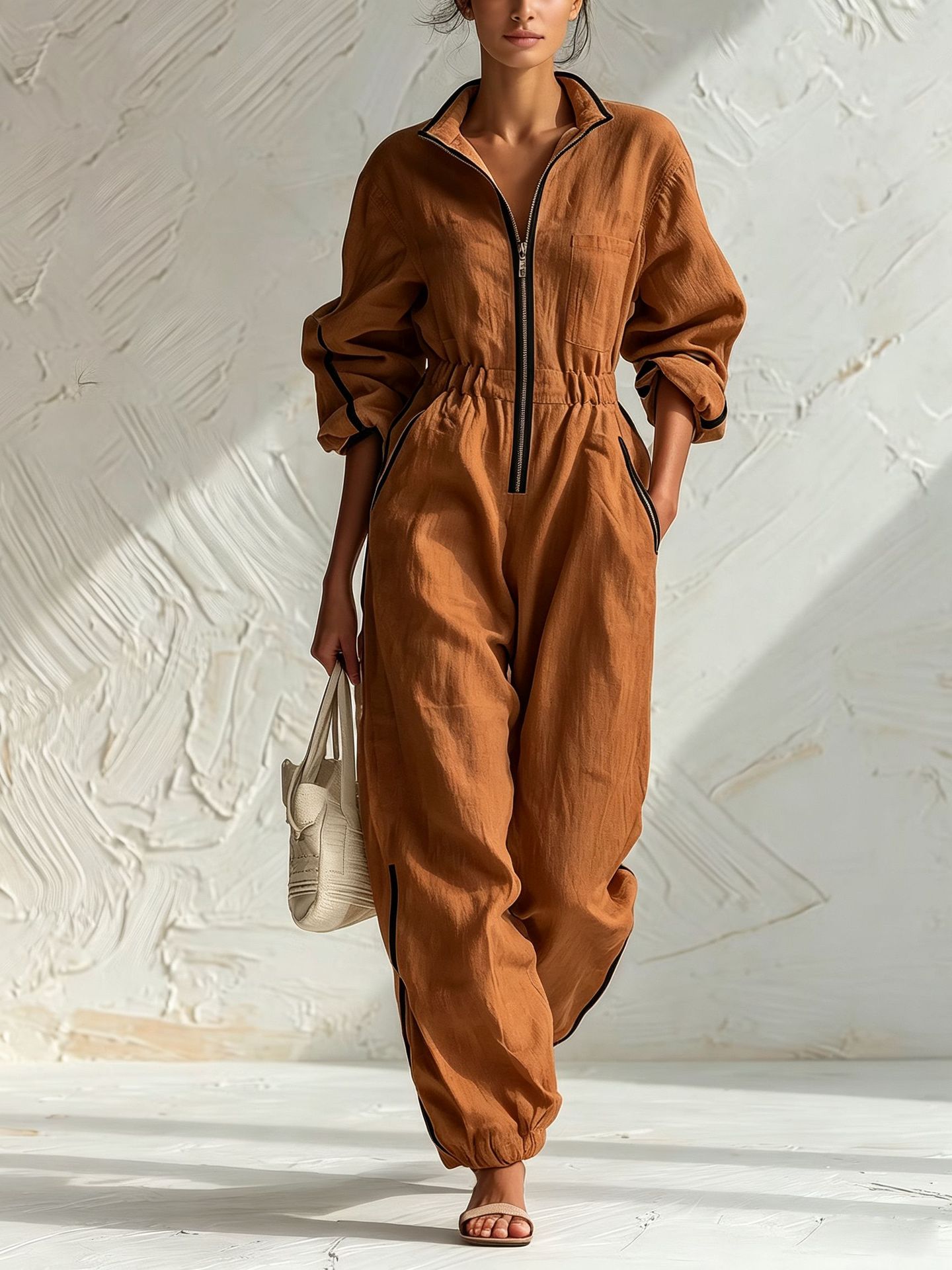 Women's Linen-Blend Zip-Front Jumpsuit with Contrast Trim and Elastic Waist