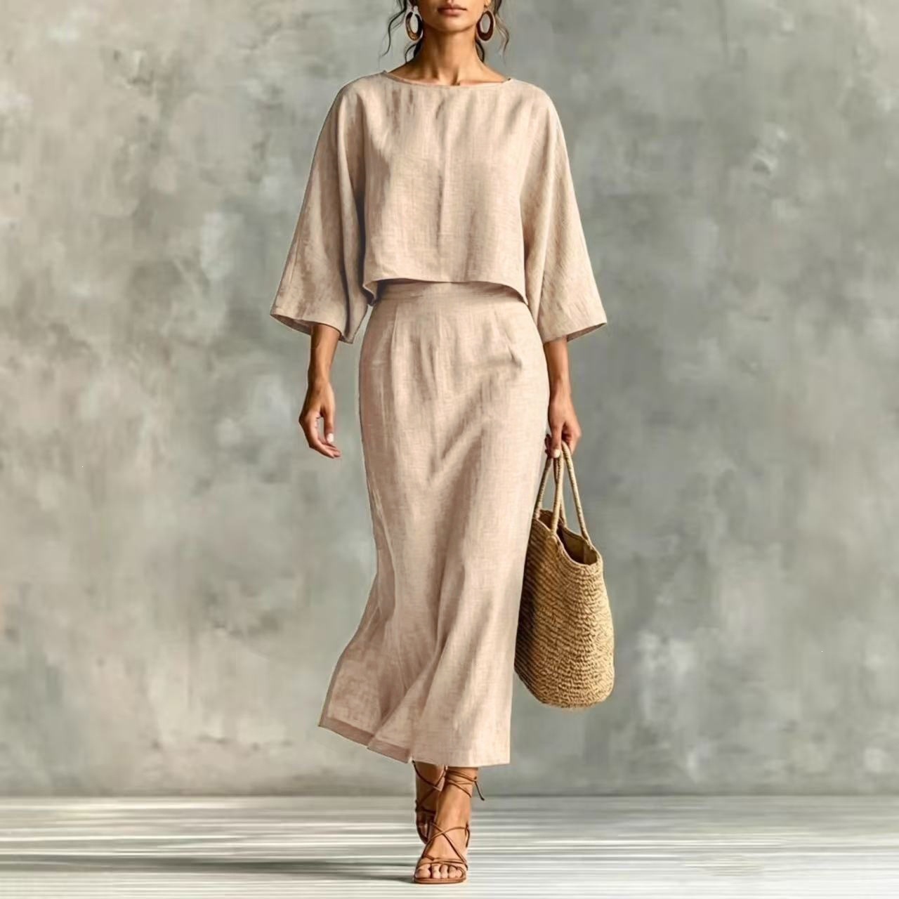 Women's High-Waist Midi Skirt Set with Round-Neck Seven-Sleeve Top