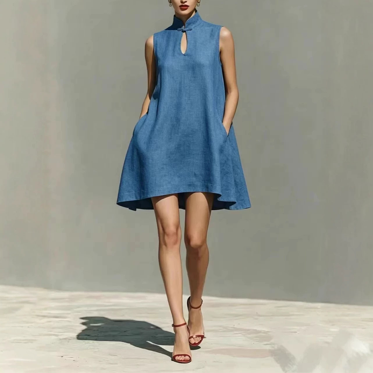 Sleeveless A-Line Midi Dress with Butterfly Buckle