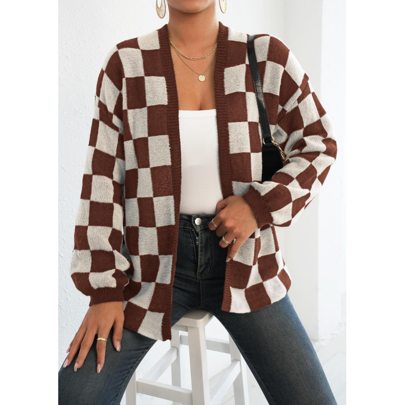 Checkered Open-Front Cardigan Sweater Coat