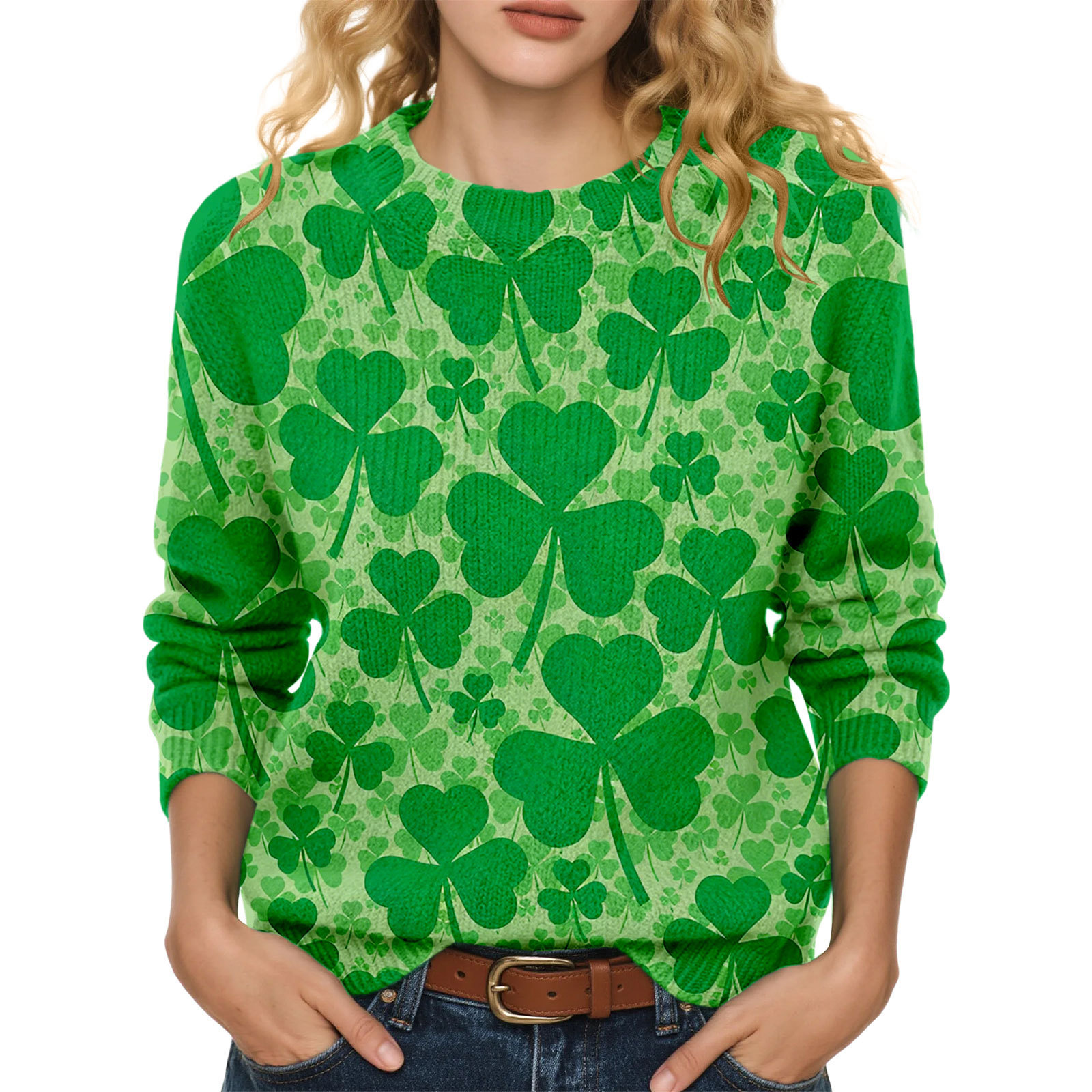 Lucky Clover Print Crewneck Sweatshirt for Women Casual Pullover