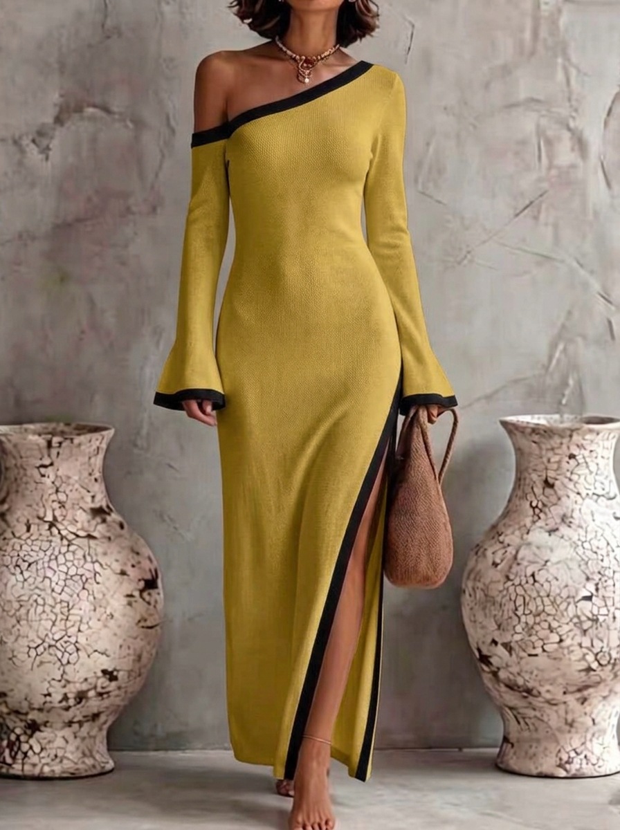 Women's Color-Block One-Shoulder Long-Sleeve Bodycon Dress