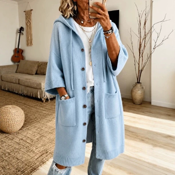 Women's Knit Hooded Drawstring Sweater Loose Fit Long Sleeve