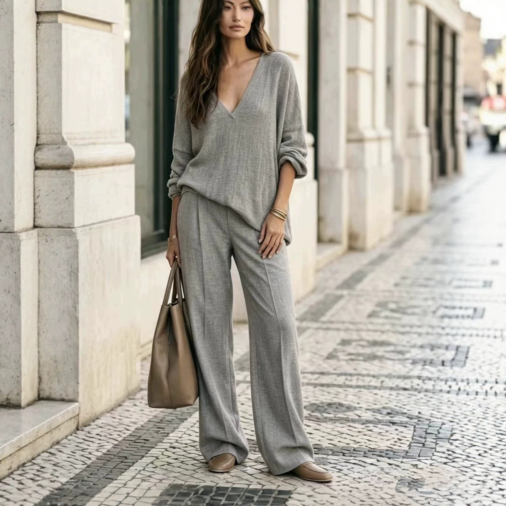 Women's Casual Solid V-Neck Long-Sleeve Top and Pants Set