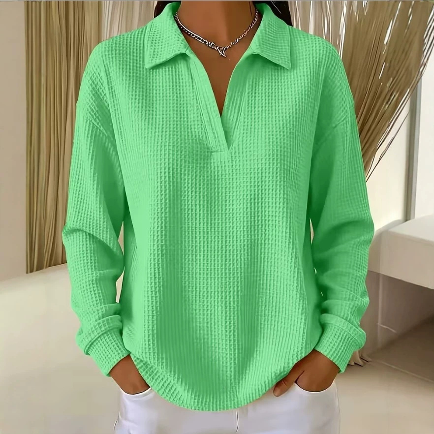 Waffle Knit V-Neck Pullover Top with Collar and Drop Shoulders