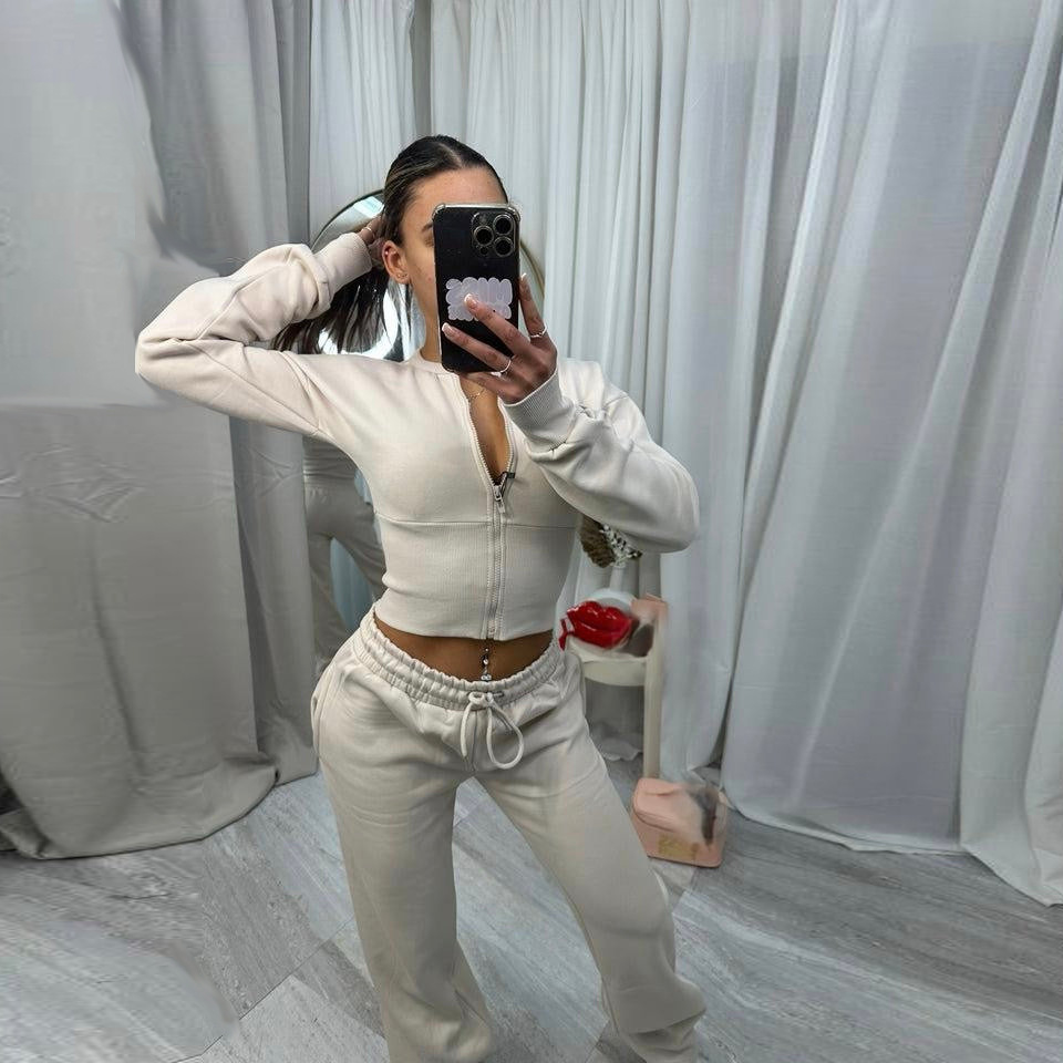 Women's Solid Color Zip Cardigan & Elastic Waist Pants Set Casual Knit