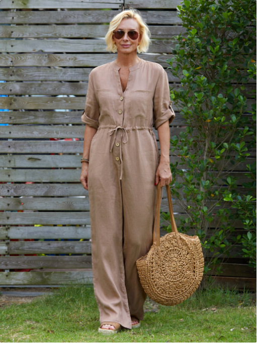 Women's Solid V-Neck Cotton-Linen Jumpsuit with Tie
