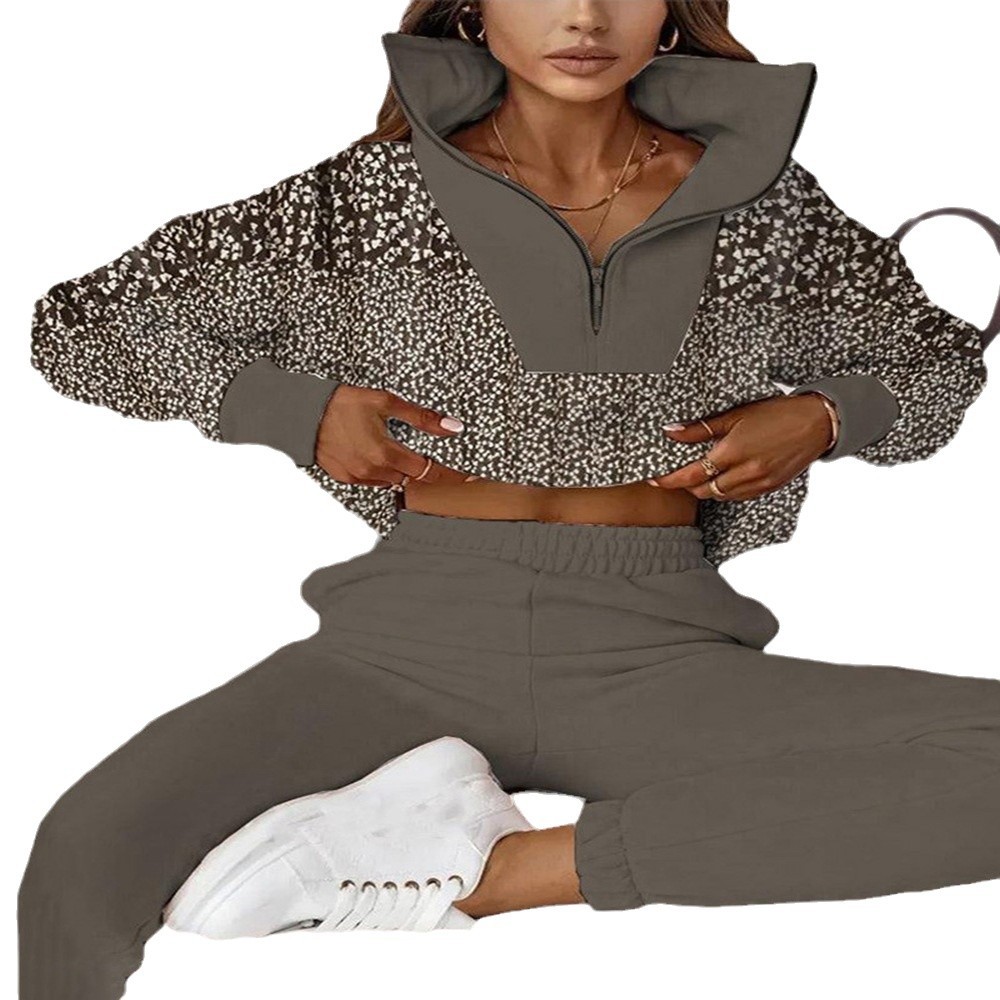 Women's Casual Polka Dot Zip-Up Collared Two-Piece Set