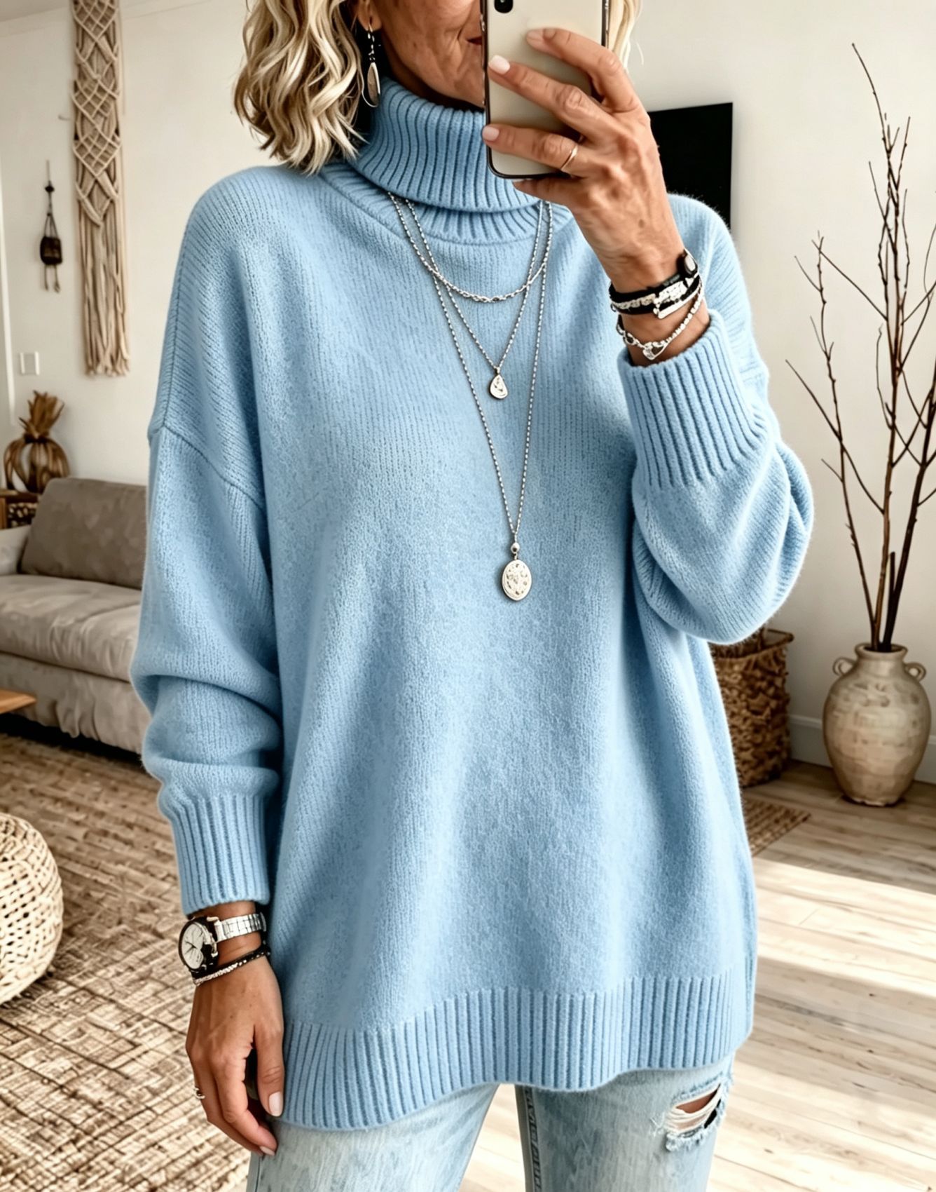 Women's Turtleneck Sweater Loose Knit Pullover Soft Thickened Base Layer