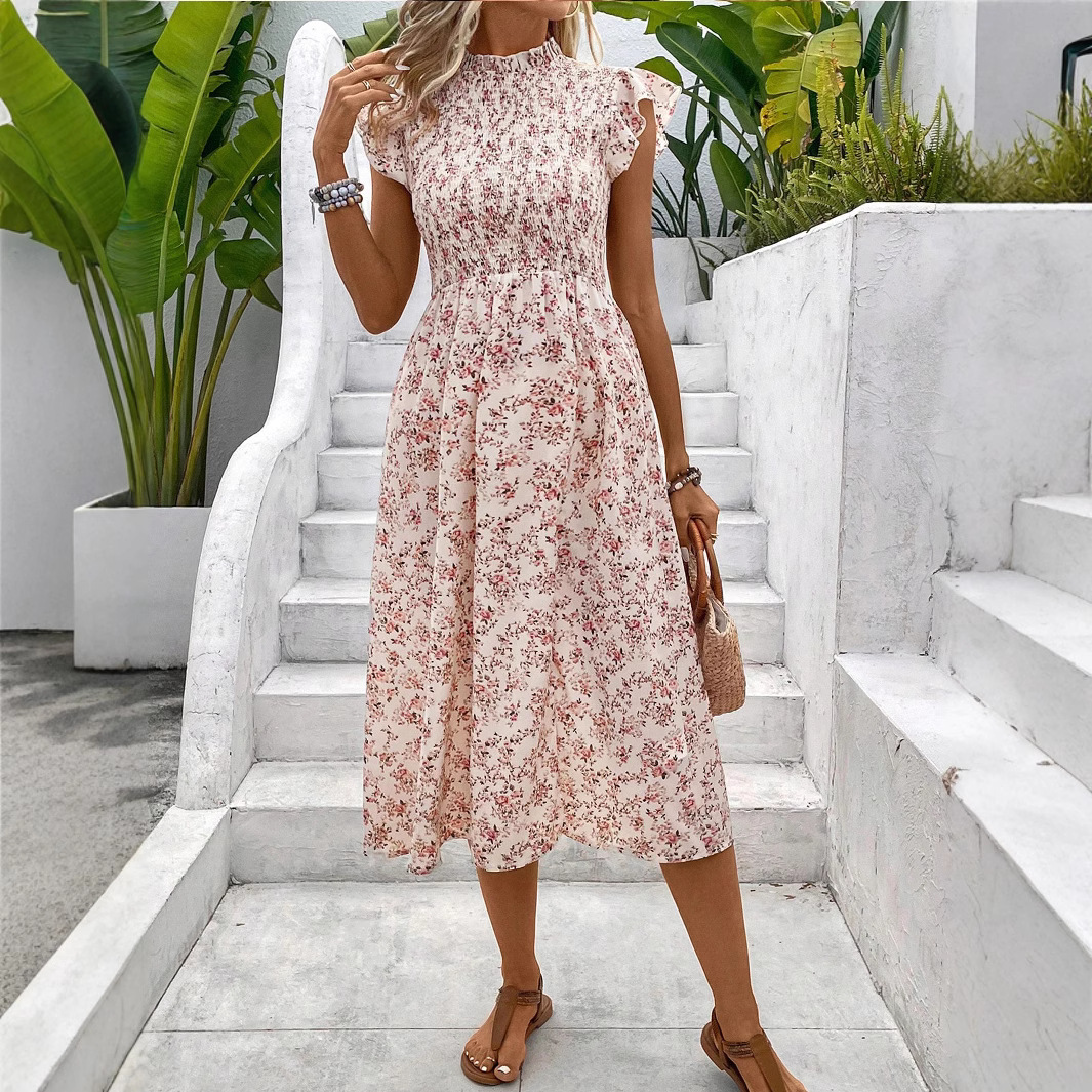 Sweet Summer Floral Round Neck Elastic Waist Bubble Dress