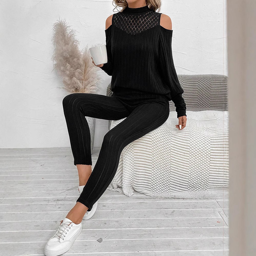 Off-Shoulder Long-Sleeve Top and Pants Two-Piece Set with Cutout Detail