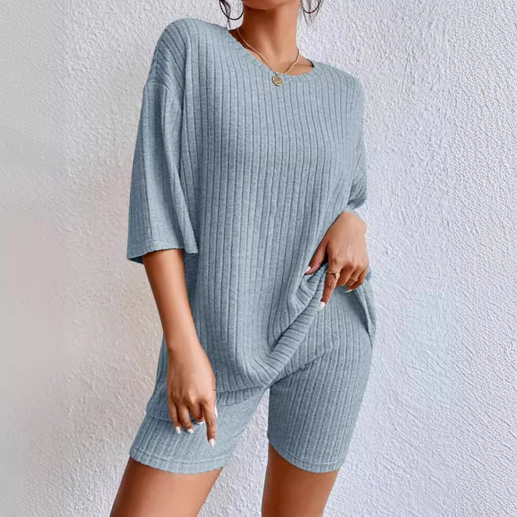Women's Solid Color Round Neck Loose Shorts Set