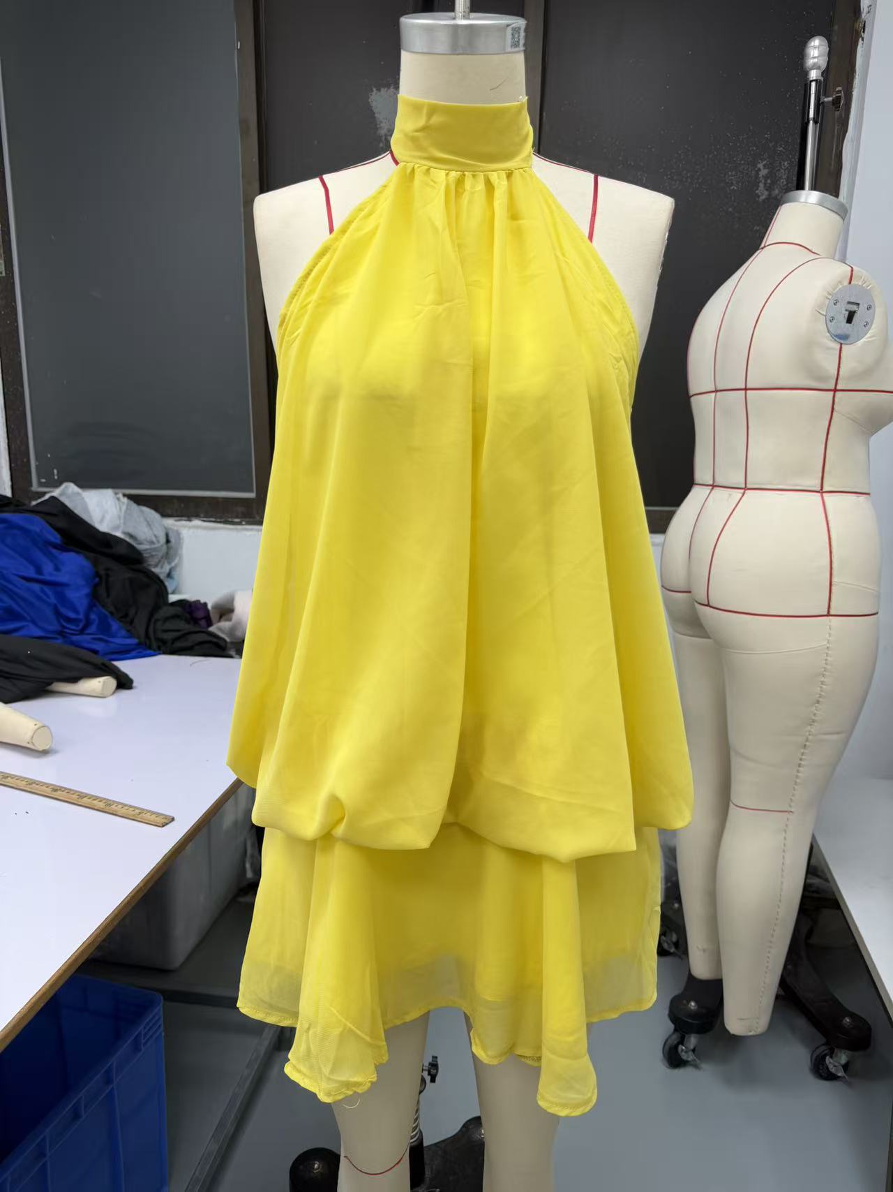 Solid Halter Neck Open Back Fitted Top Puff Skirt Mini Dress