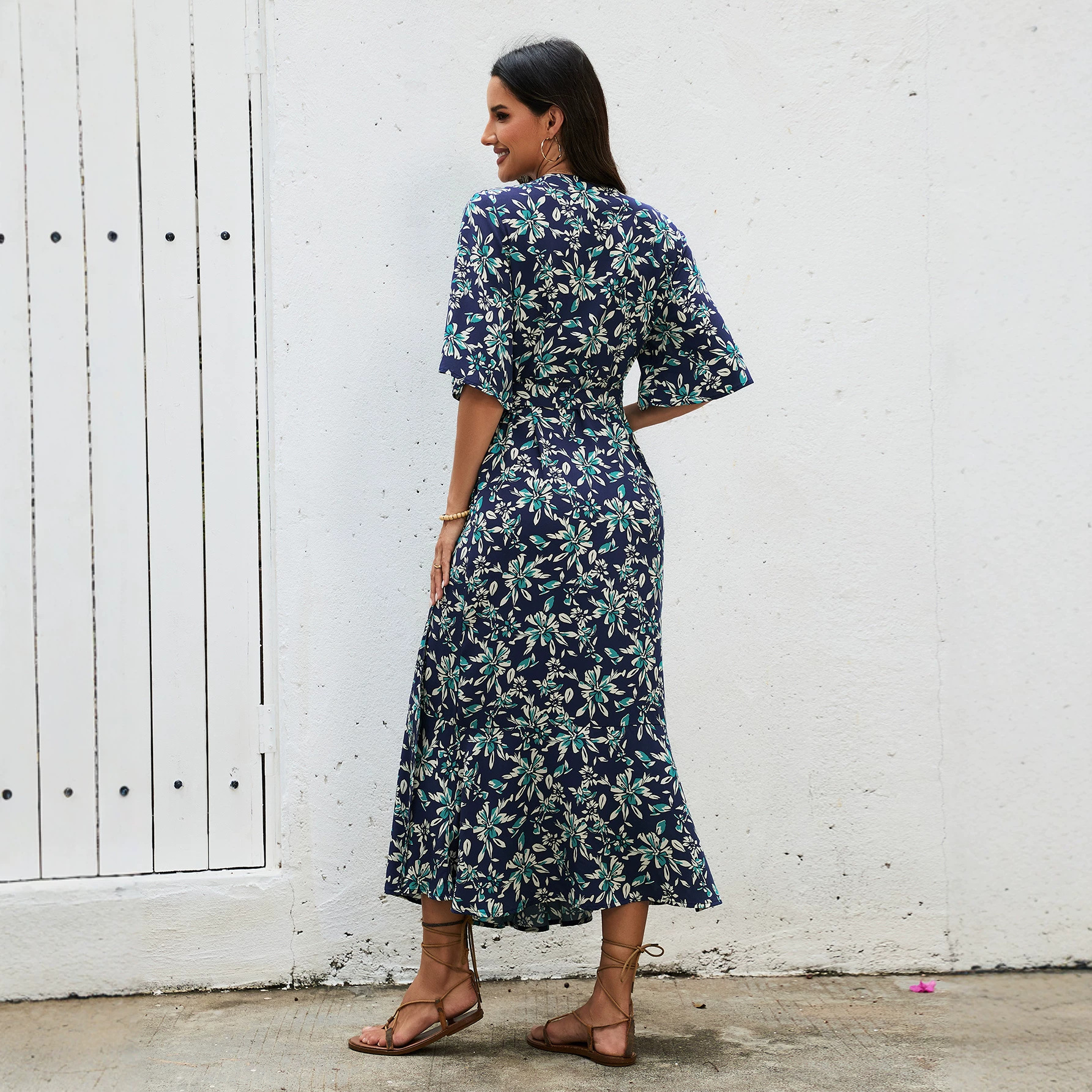 Women's Floral Print V-Neck Slit Midi Dress
