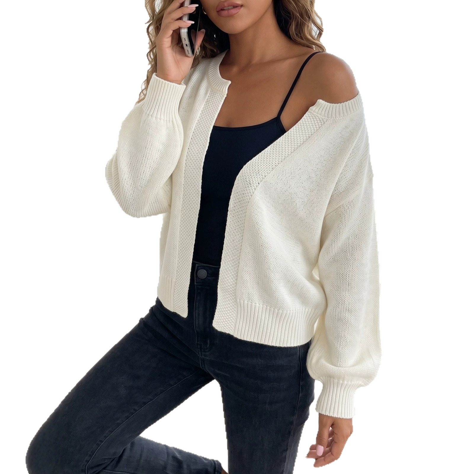 Women's Loose Knit Cardigan Long Sleeve Crew Neck Solid Color