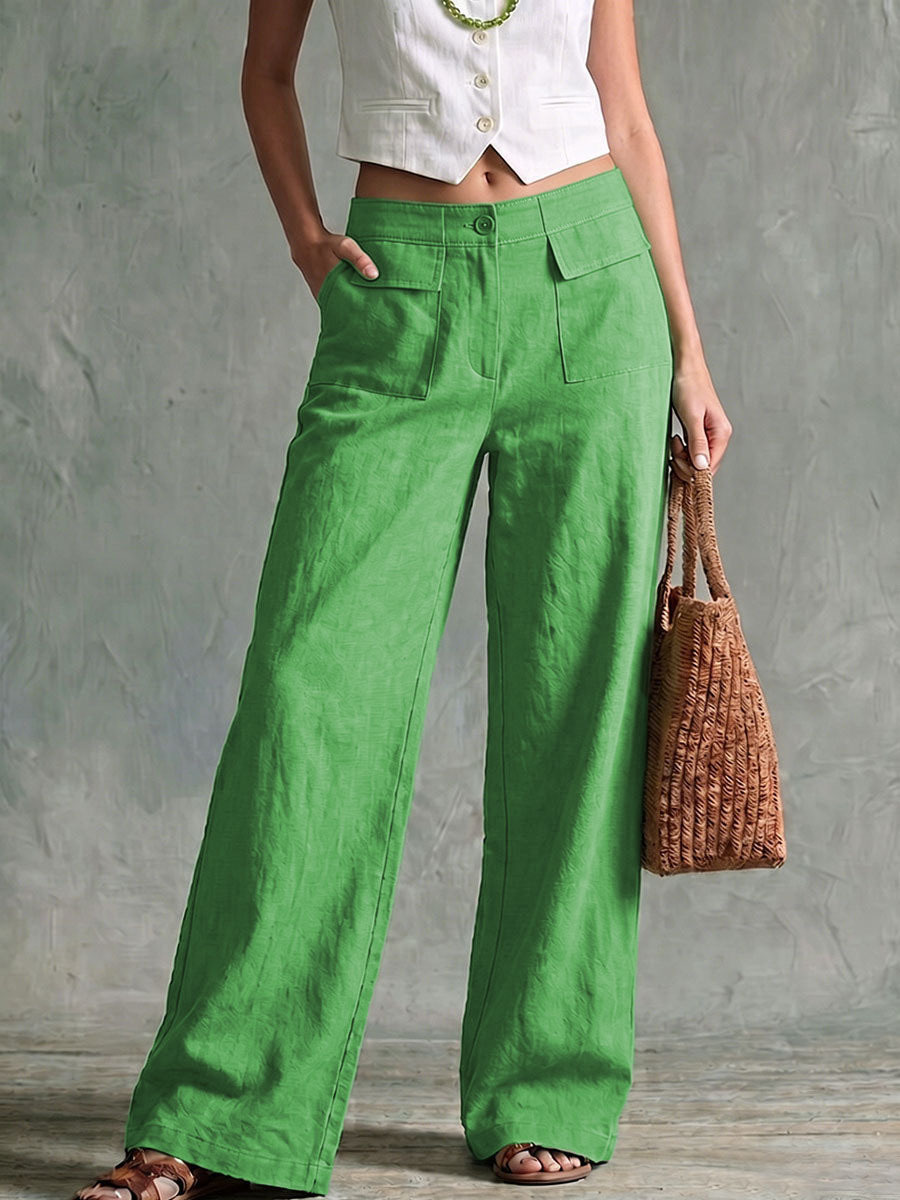 Women's Linen-Blend Wide-Leg Pants Solid Color High-Waist Casual