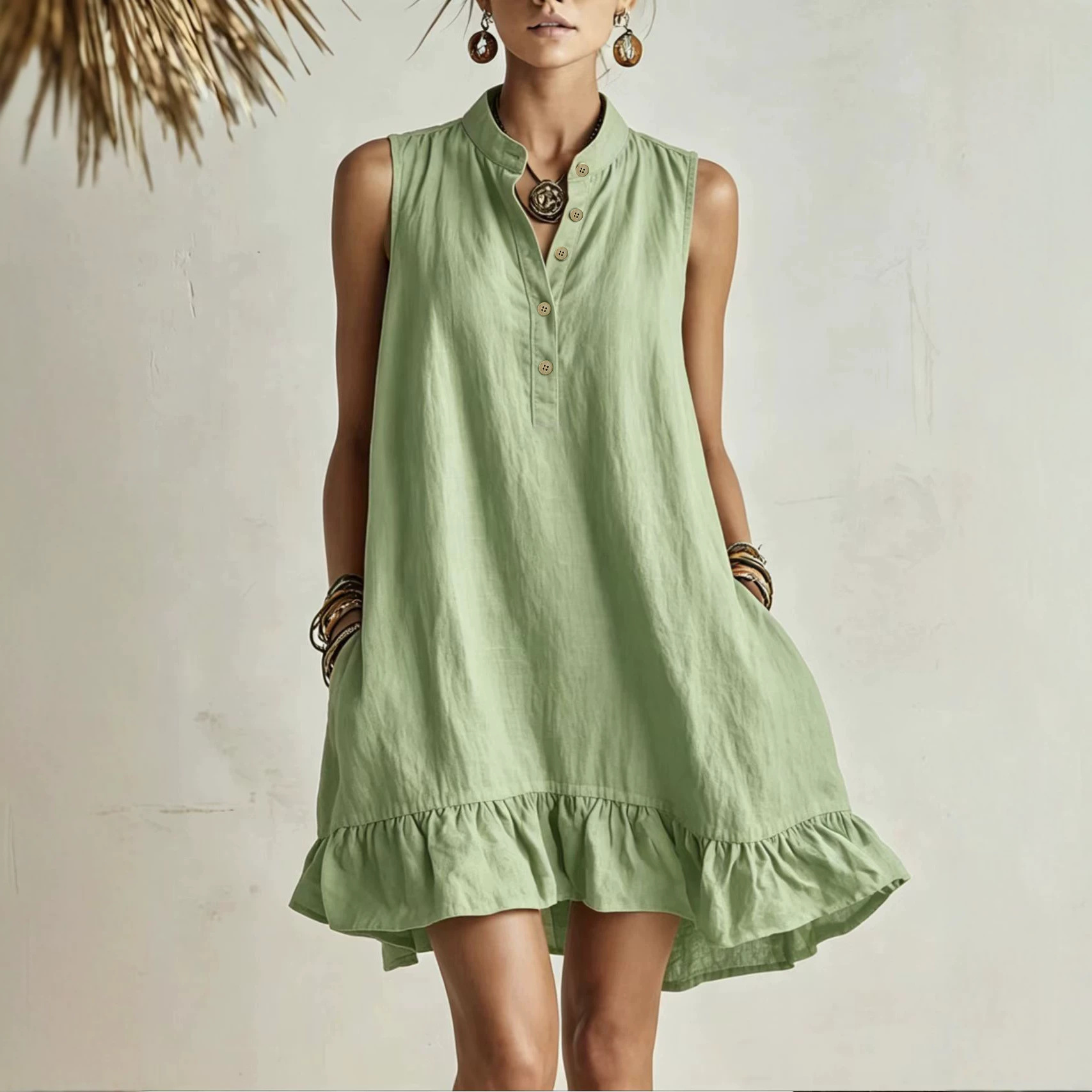 Solid Button Stand Collar Cotton-Linen Loose Casual Dress