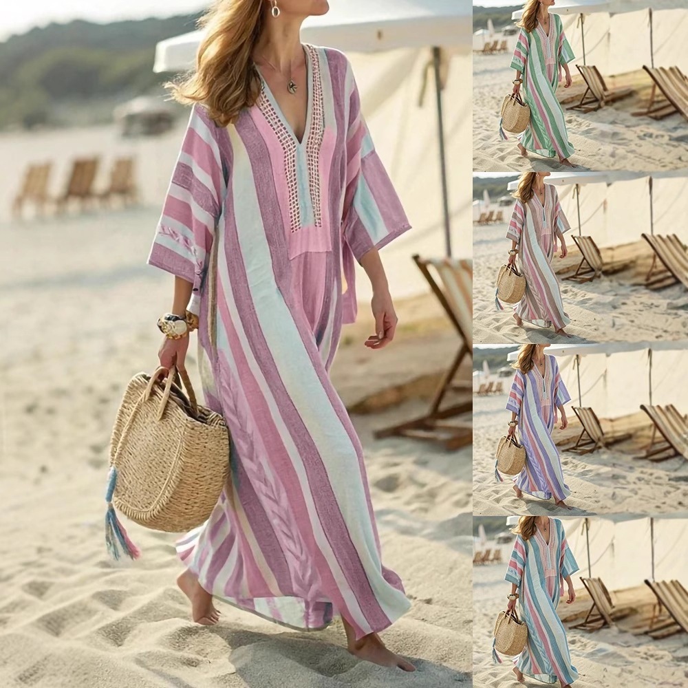 Women's Striped Plaid A-Line Midi Dress Long Sleeve Deep V-Neck Casual