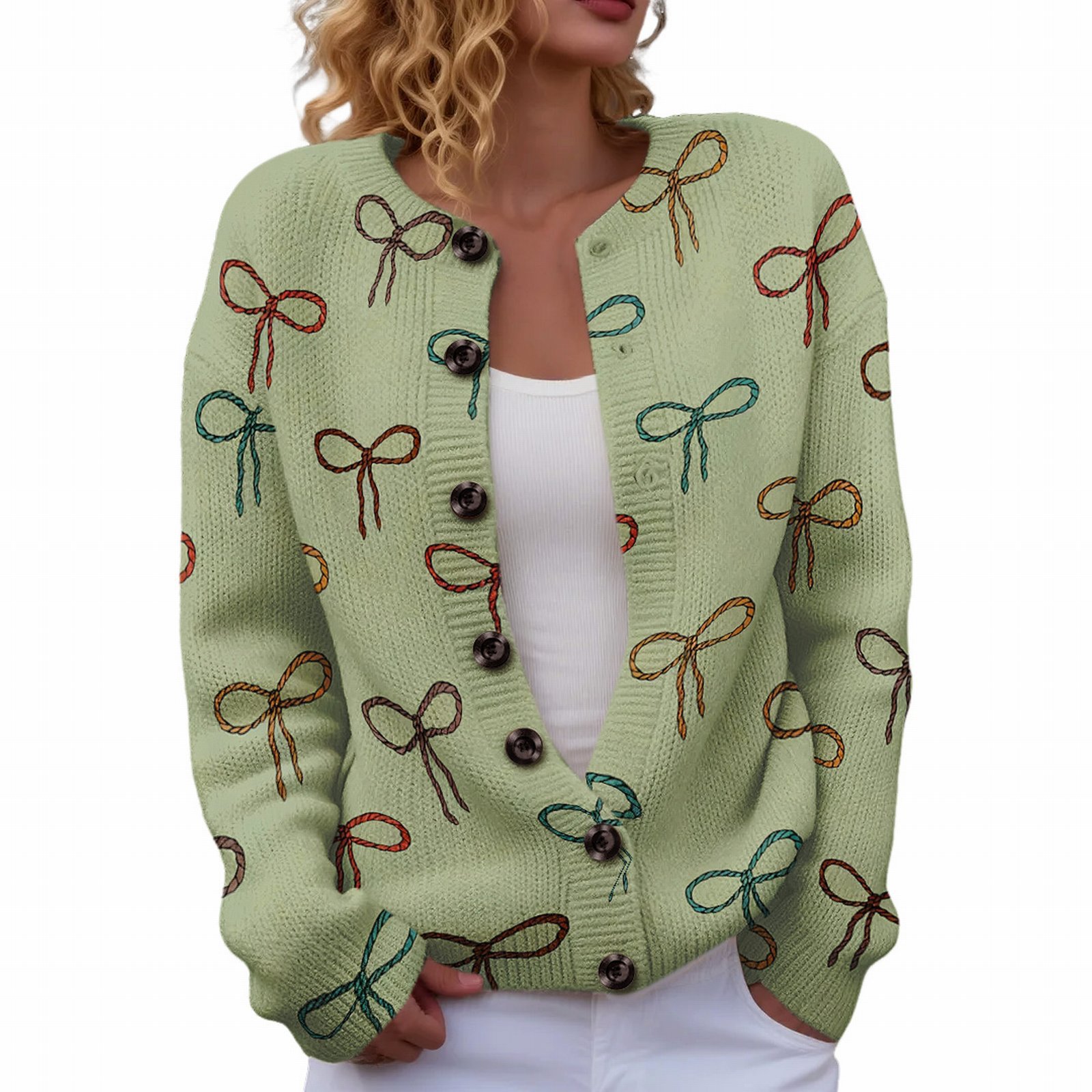 Women's Heart Ribbon Bow Cherry Print Cardigan