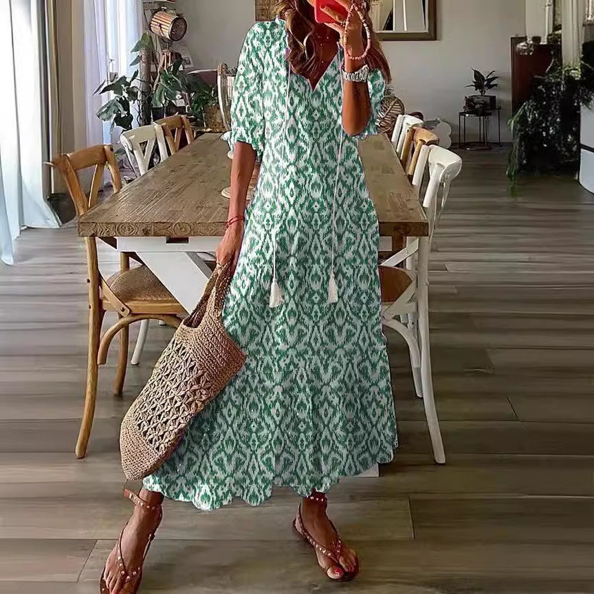 Women's Casual V-Neck Printed Tassel Midi Dress Loose A-Line