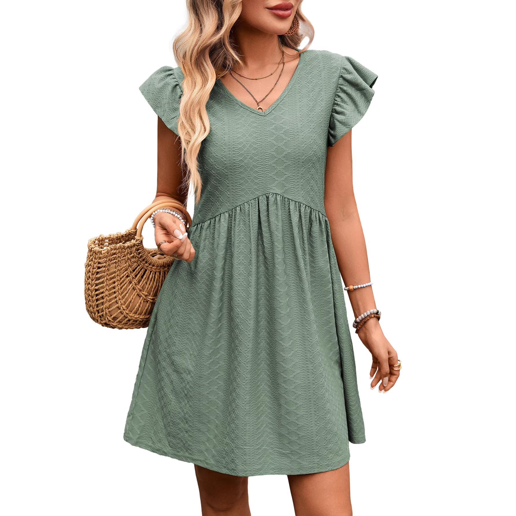 V-Neck Ruffle Sleeve Flowy Midi Dress