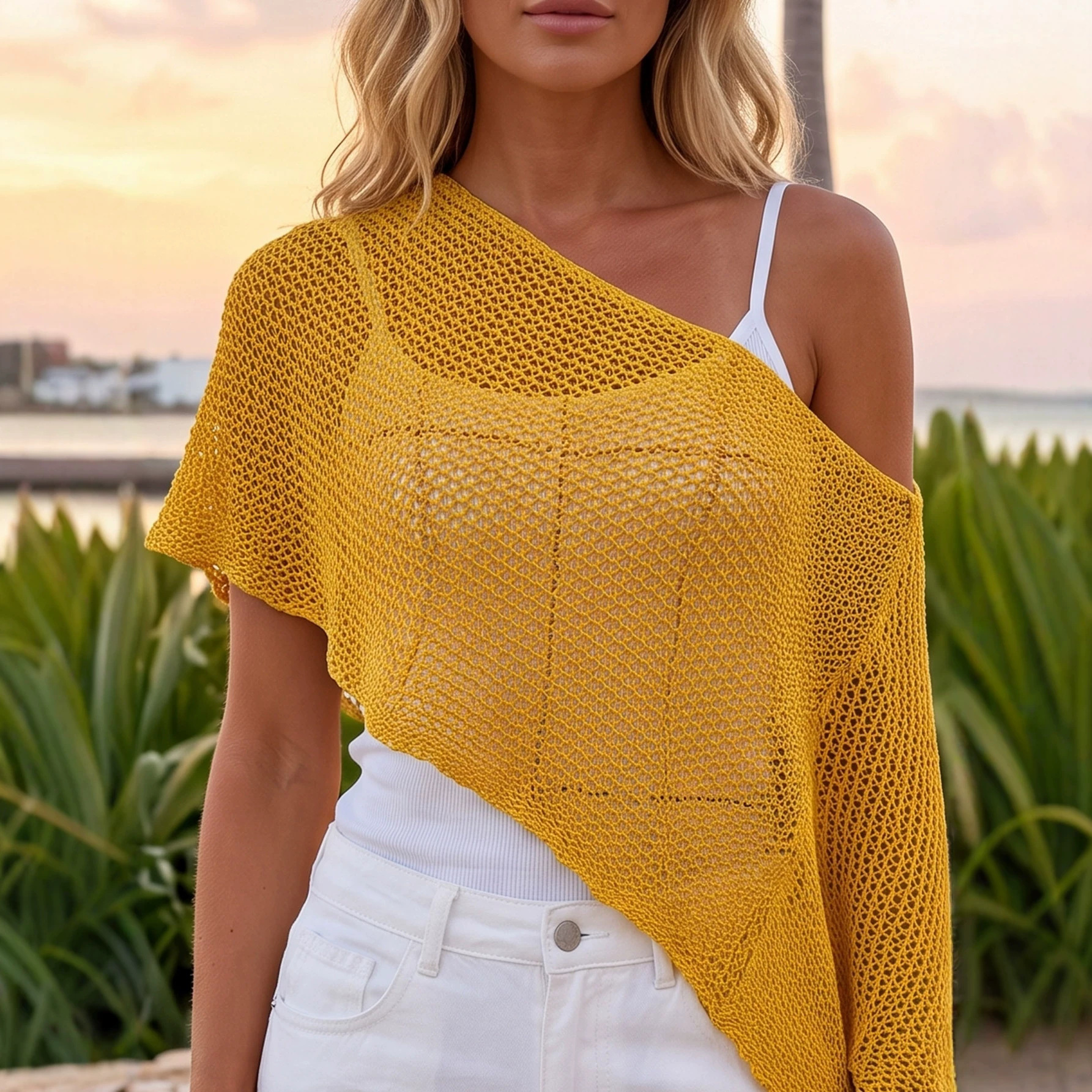Open-Knit Triangle Scarf Top – Convertible Sheer Cover-Up for Beach & Resort