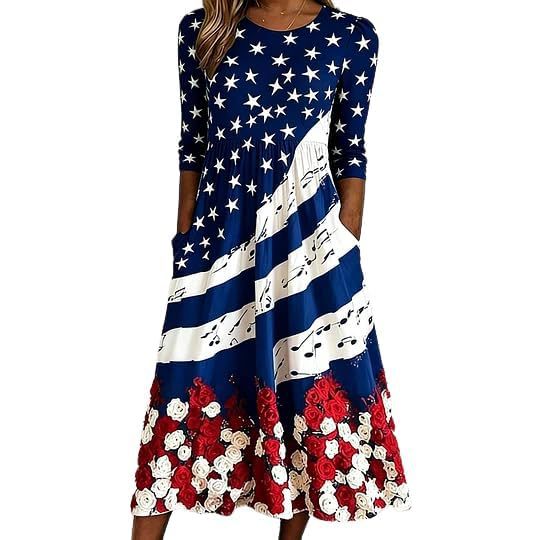Women's Star Print Pleated Midi Dress Short Sleeve Crew Neck Slim Fit