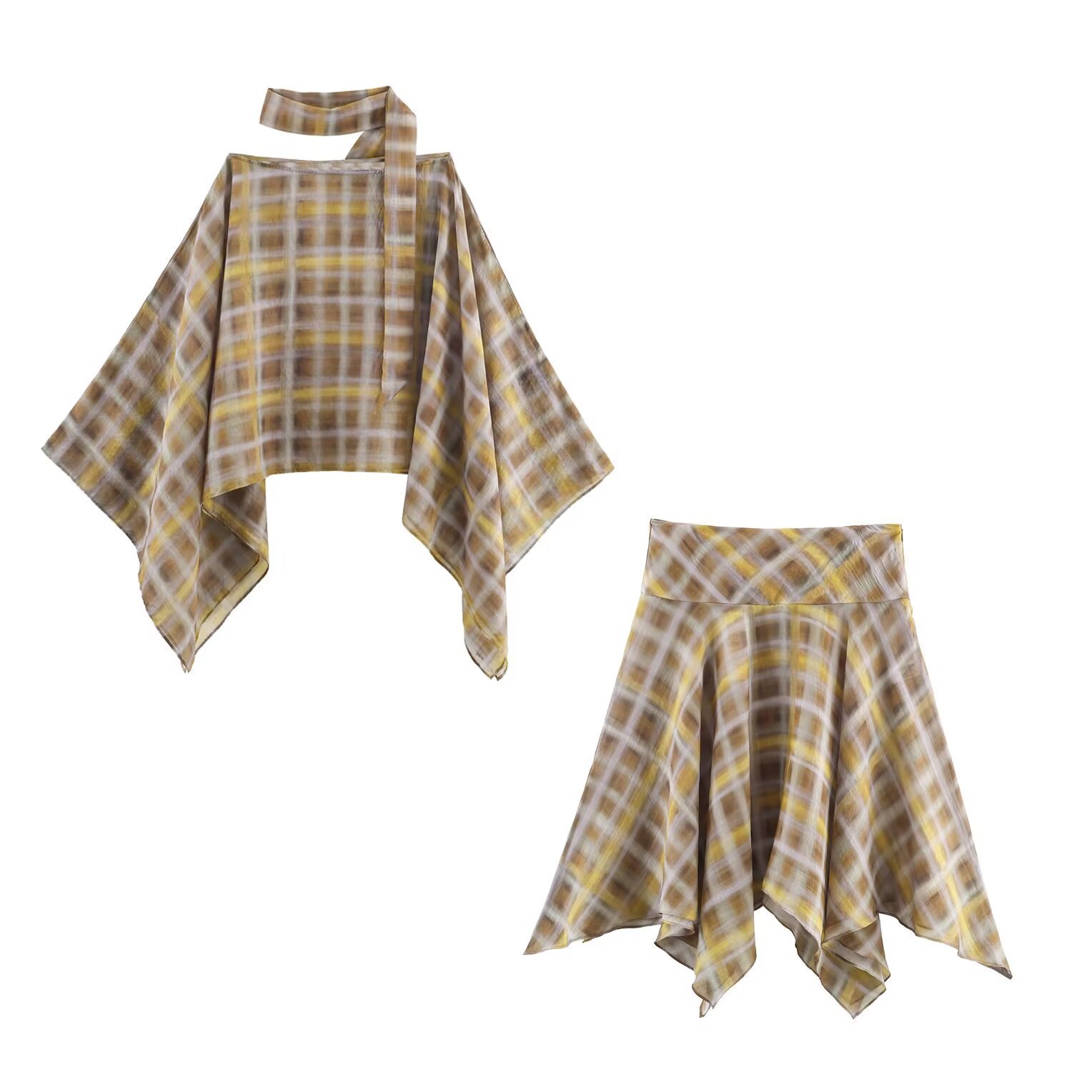 Women's Plaid Scarf Cape Top and Midi Skirt Set
