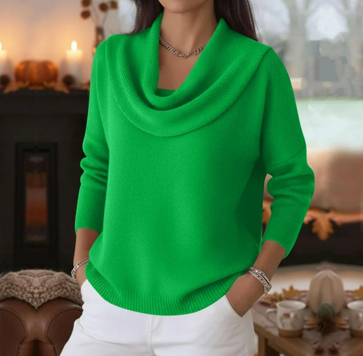 Women's Solid Color Long Sleeve Cowl Neck Knit Pullover Sweater