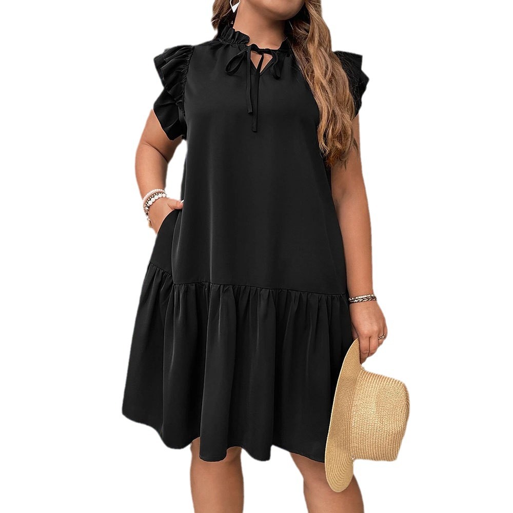Plus Size Ruffle Tie-Neck Bubble Sleeve Dress