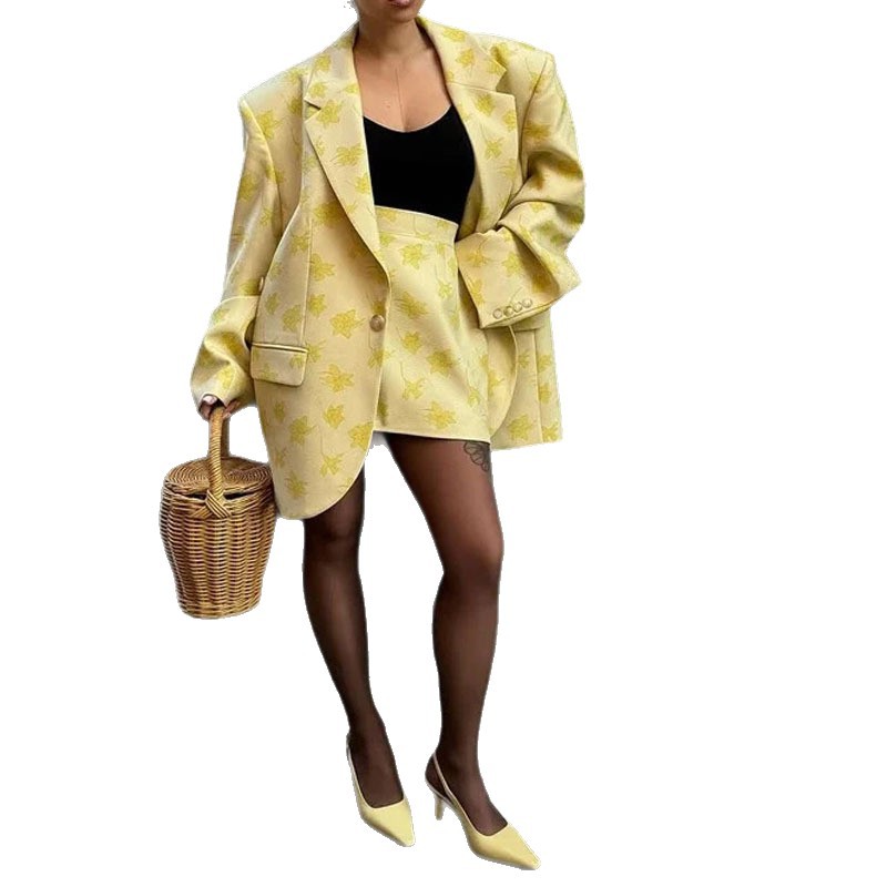 Women's Two-Piece Blazer and A-Line Mini Skirt Set Slim Fit Commuter