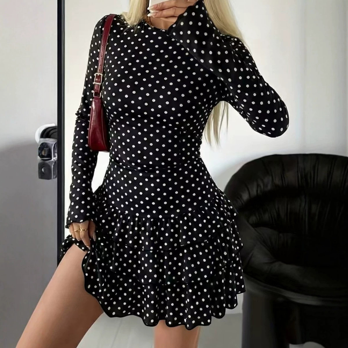 Women's Printed Long Sleeve Ruffle Hem Mini Dress