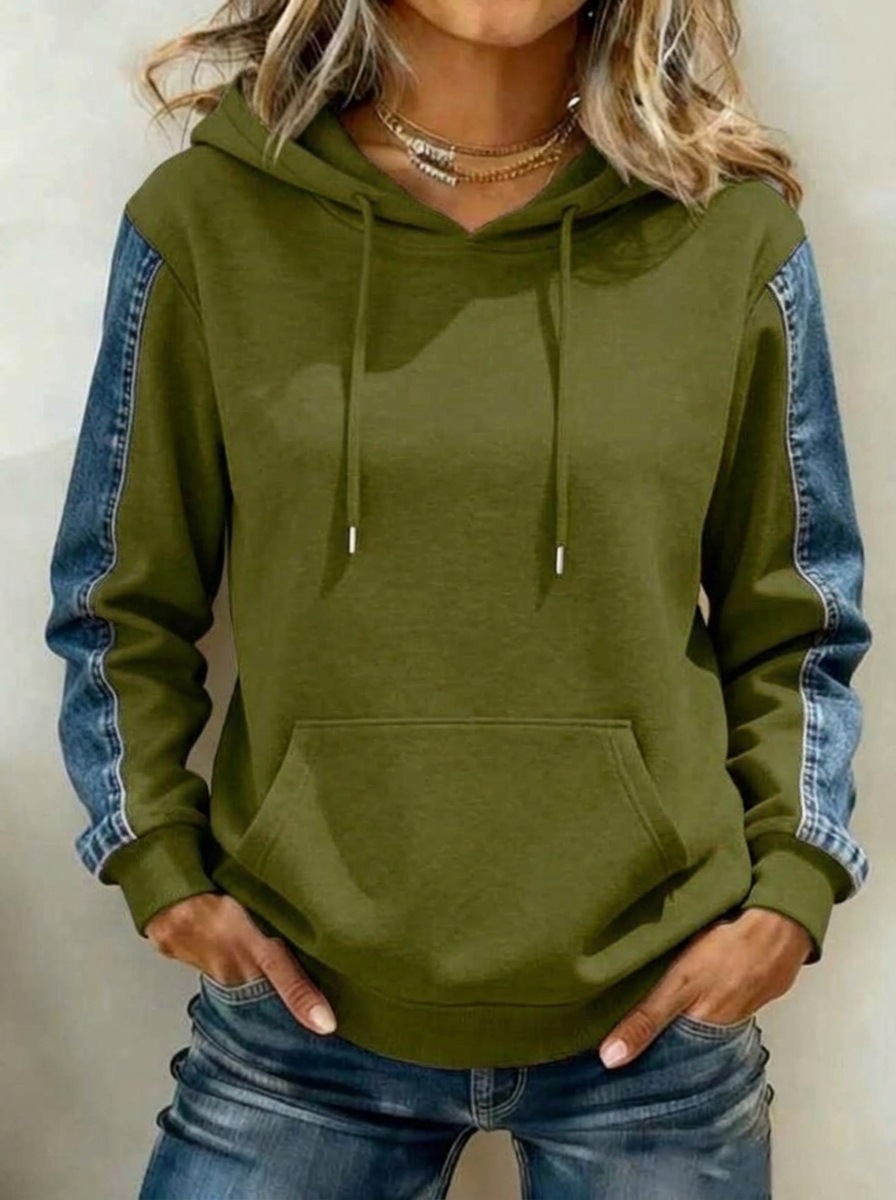Women's Denim Print Patchwork Hooded Drawstring Sweatshirt
