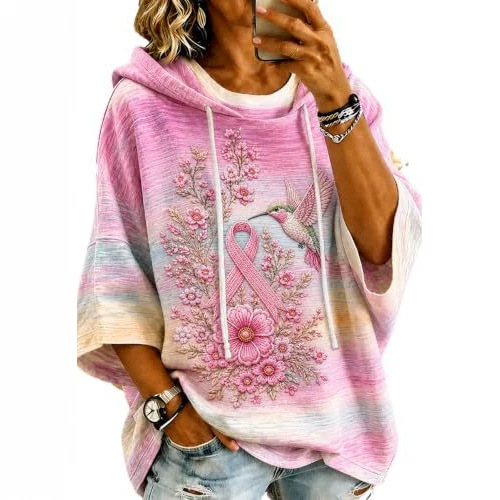 Women's Ribbon Floral Bird Print Casual Hoodie