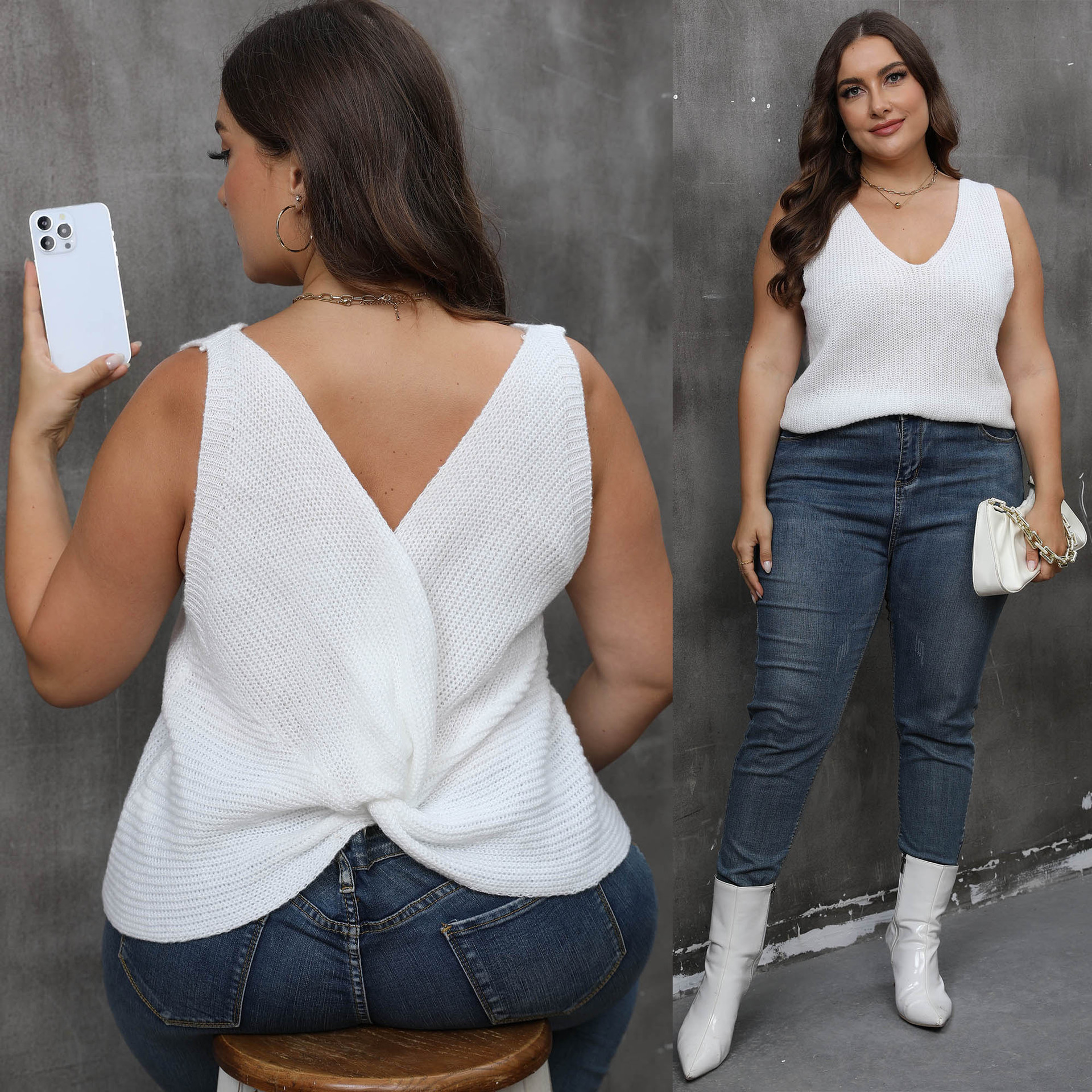 Women's V-Neck Cross-Back Sleeveless Knit Top