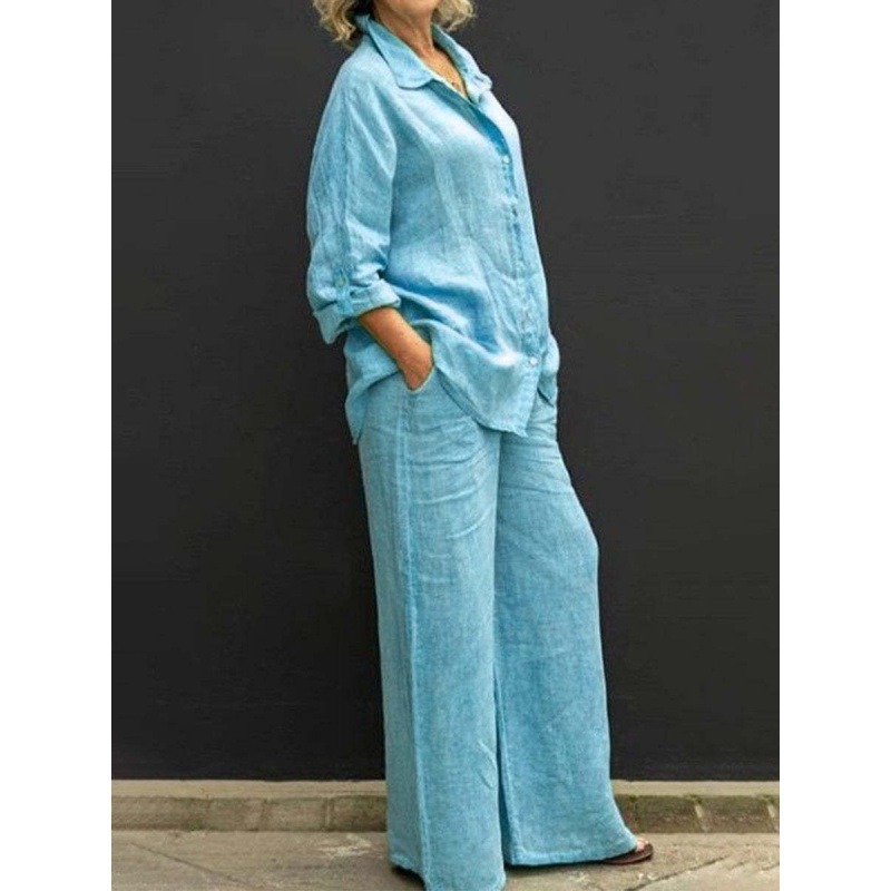 Women's Button-Down Collared Solid Color Shirt Casual Set