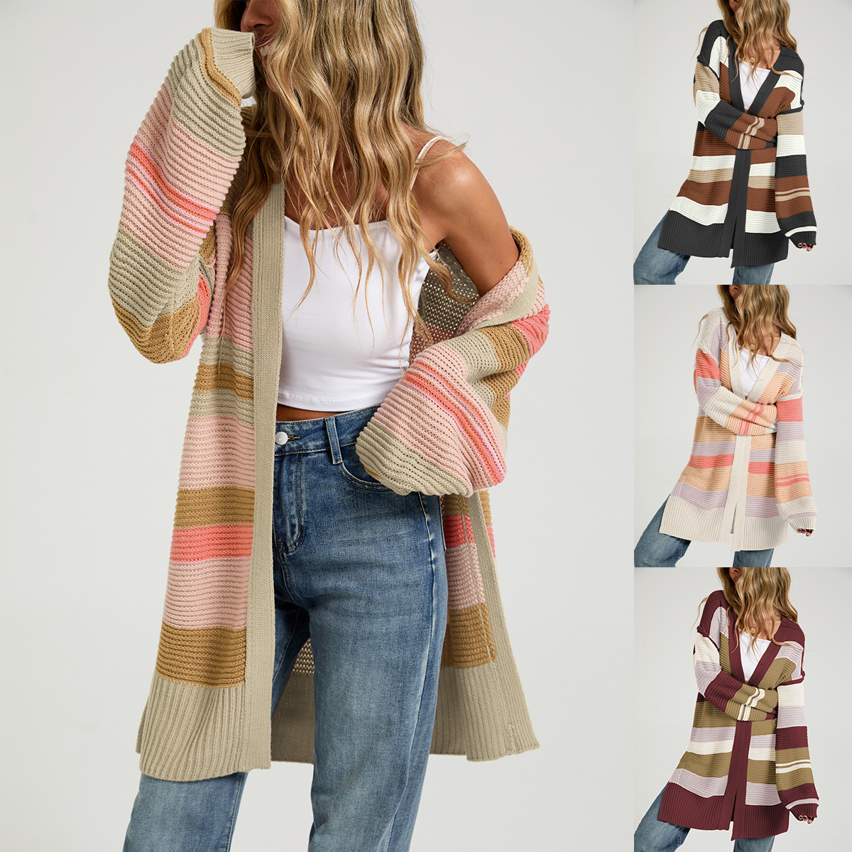Color-Block Slit Long-Sleeve Cardigan Knit Sweater
