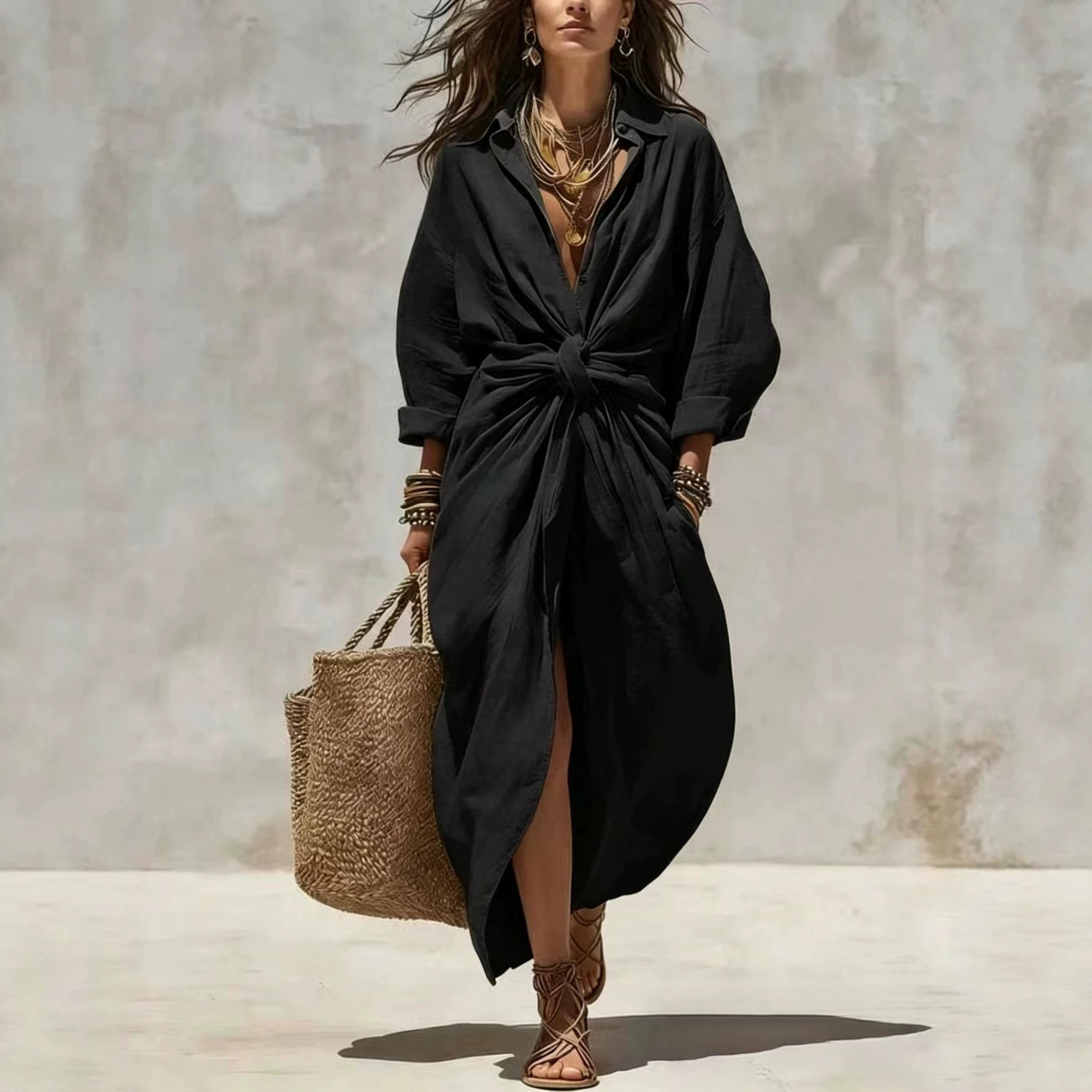 Women's Solid Color Button-Front Collared Long Sleeve Casual Dress with Pockets