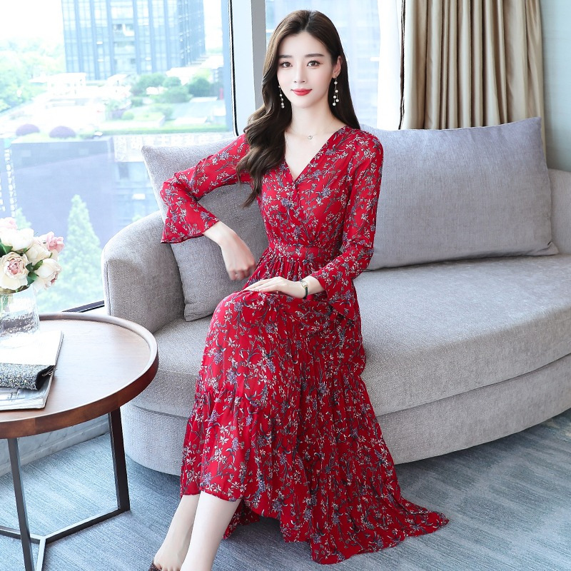 Floral Long Sleeve V-Neck Midi Dress with Waist