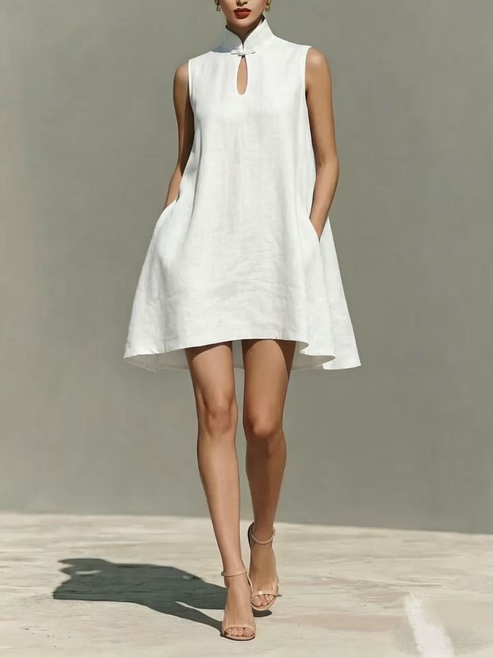 Sleeveless Linen Butterfly-Buckle A-Line Dress
