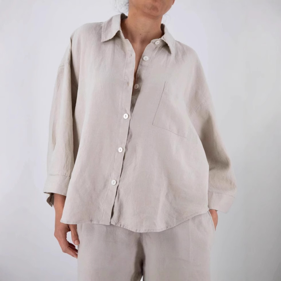 Cotton-Linen American Style Cardigan Long-Sleeve Shorts Set