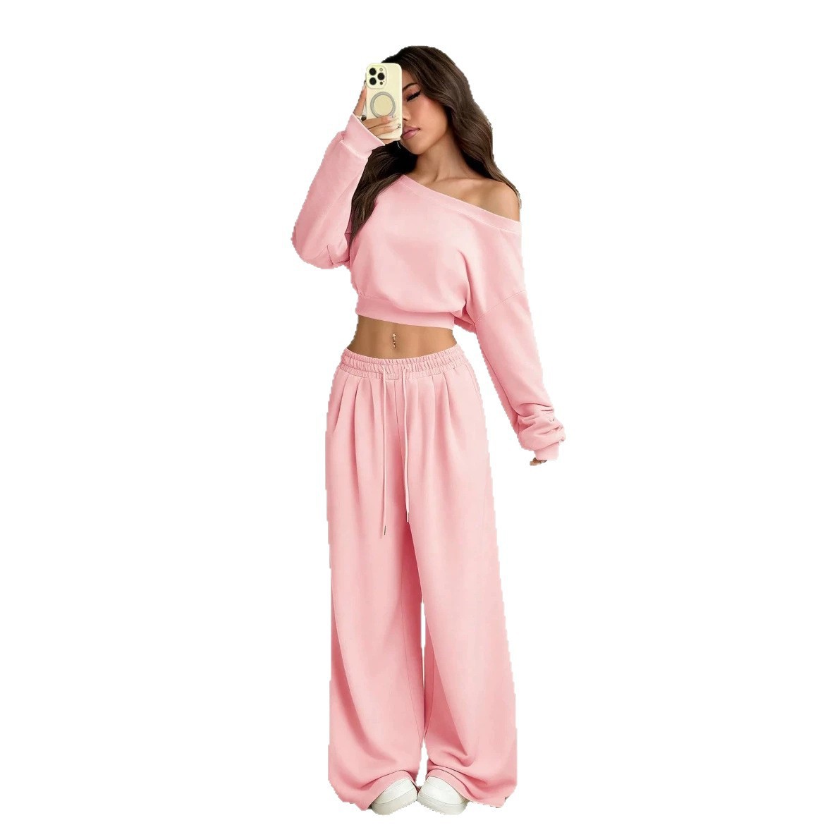 Women's Long Sleeve One-Shoulder High Waist Wide Leg Pants Hoodie Set