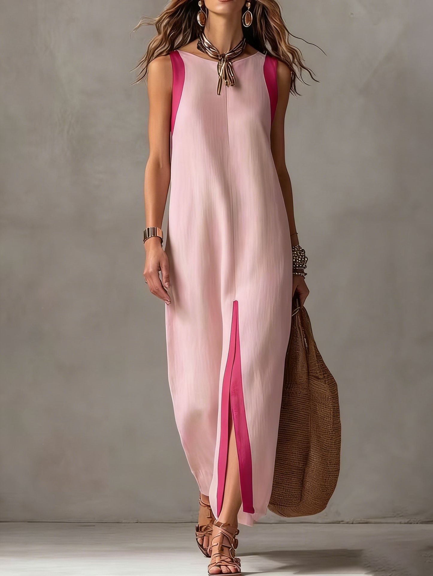 Women's Summer Casual Sleeveless Midi Dress Colorblock