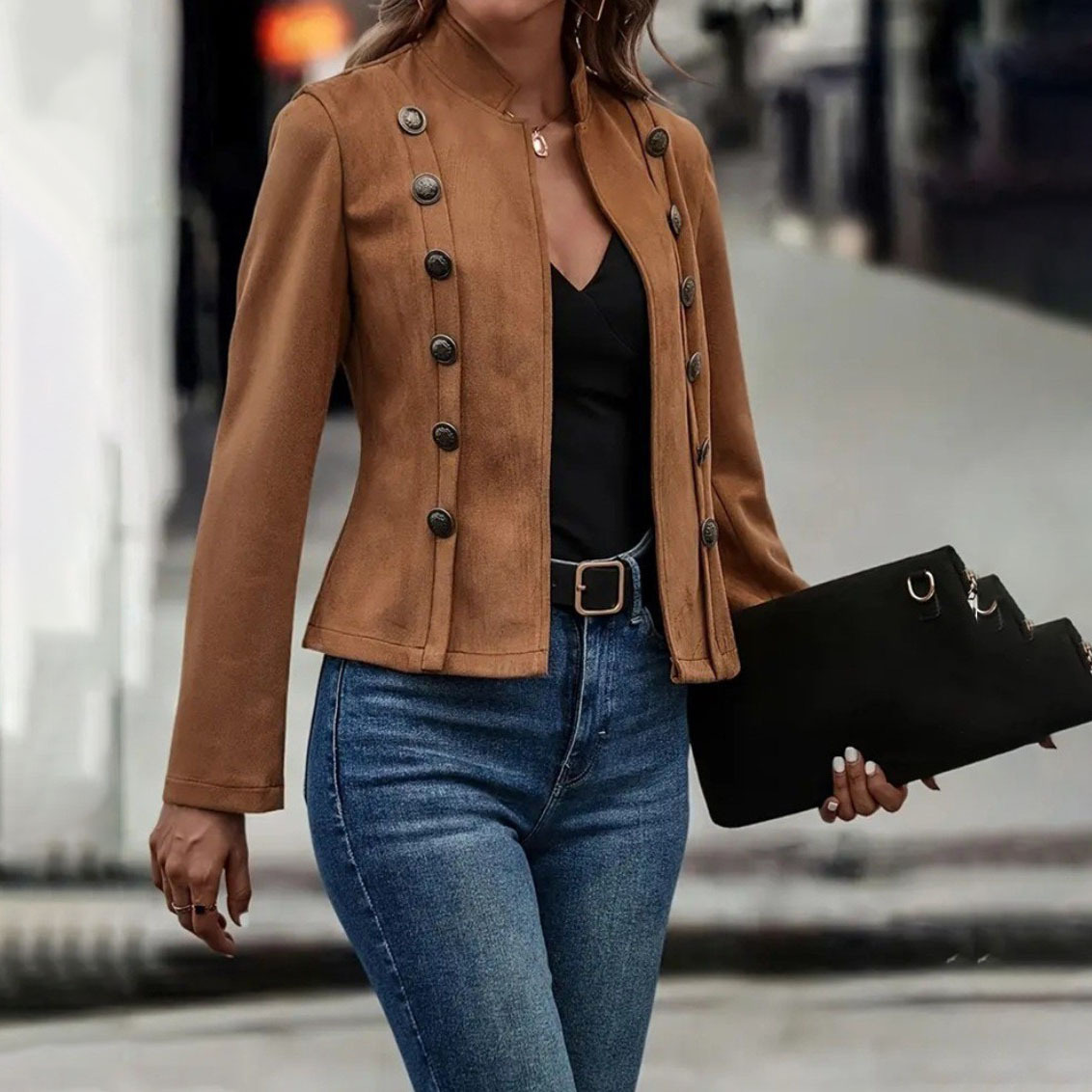 Solid Double-Breasted Vintage Long-Sleeve Jacket