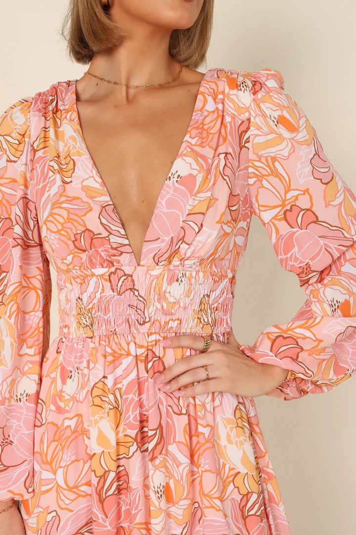 Floral Print Open Back Tie Deep V Long Sleeve Maxi Dress