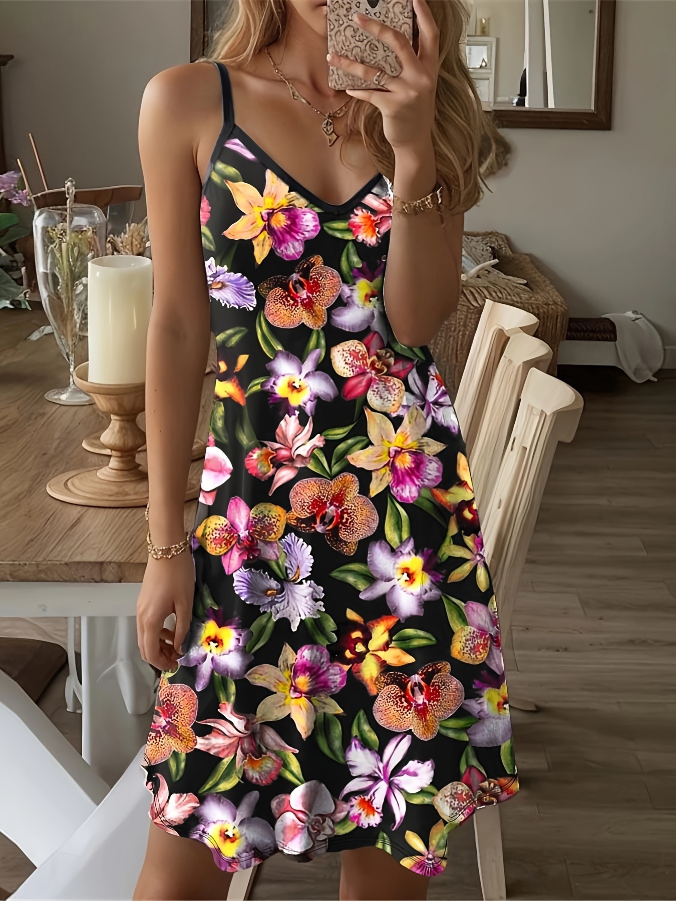 Floral Print Sleeveless Midi Dress with Round Neck
