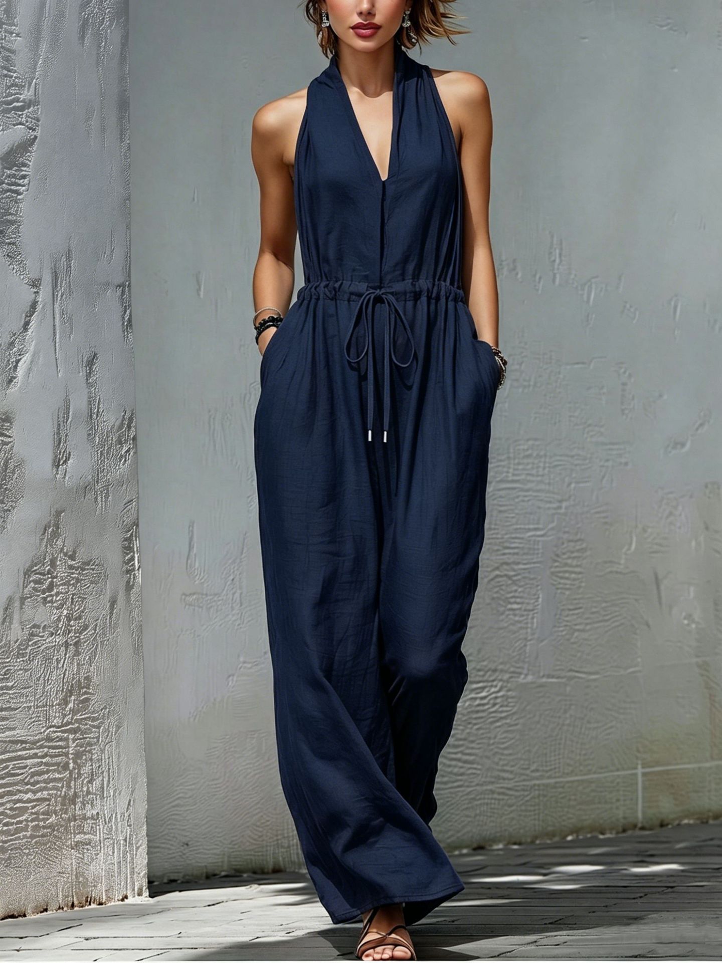 Women's Sleeveless Solid Color Long Wide-Leg Jumpsuit for Vacation