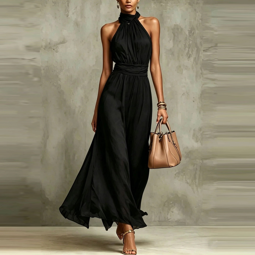Women's Sleeveless Halter Neck Ruched Waist A-Line Long Dress