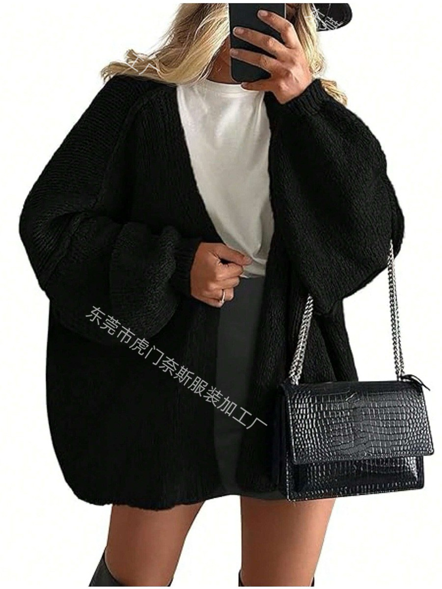 Women's Knit Cardigan Sweater Loose Crew Neck Three-Quarter Sleeve